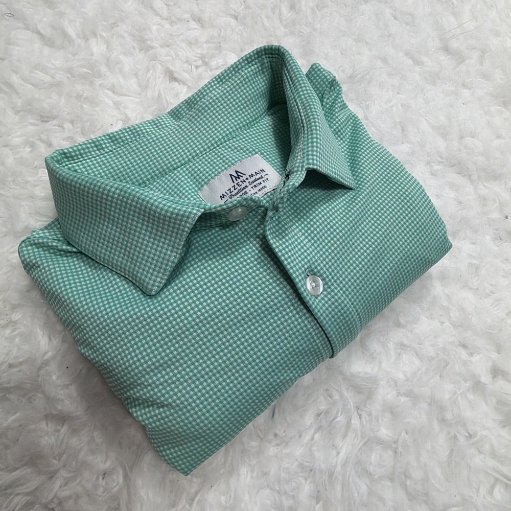 MIZZEN+MAIN‎ Dress Shirt XL Slim Trim Fit Turquoise Green Checked  Button Office